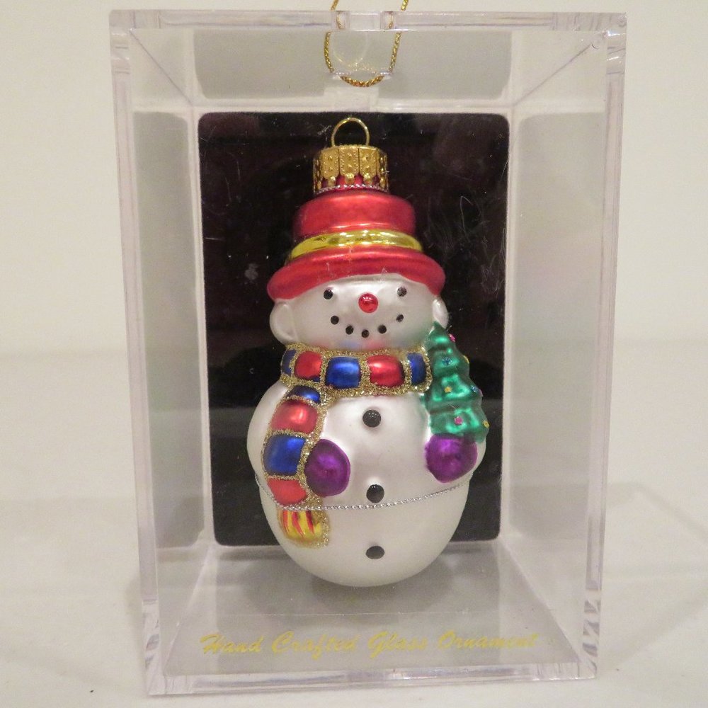 Christmas Snowman Glass Ornament 3in Handcrafted Gift Box Keepsake